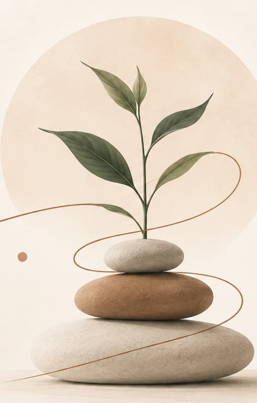 Stacked stones with a growing plant, representing balance and calm
